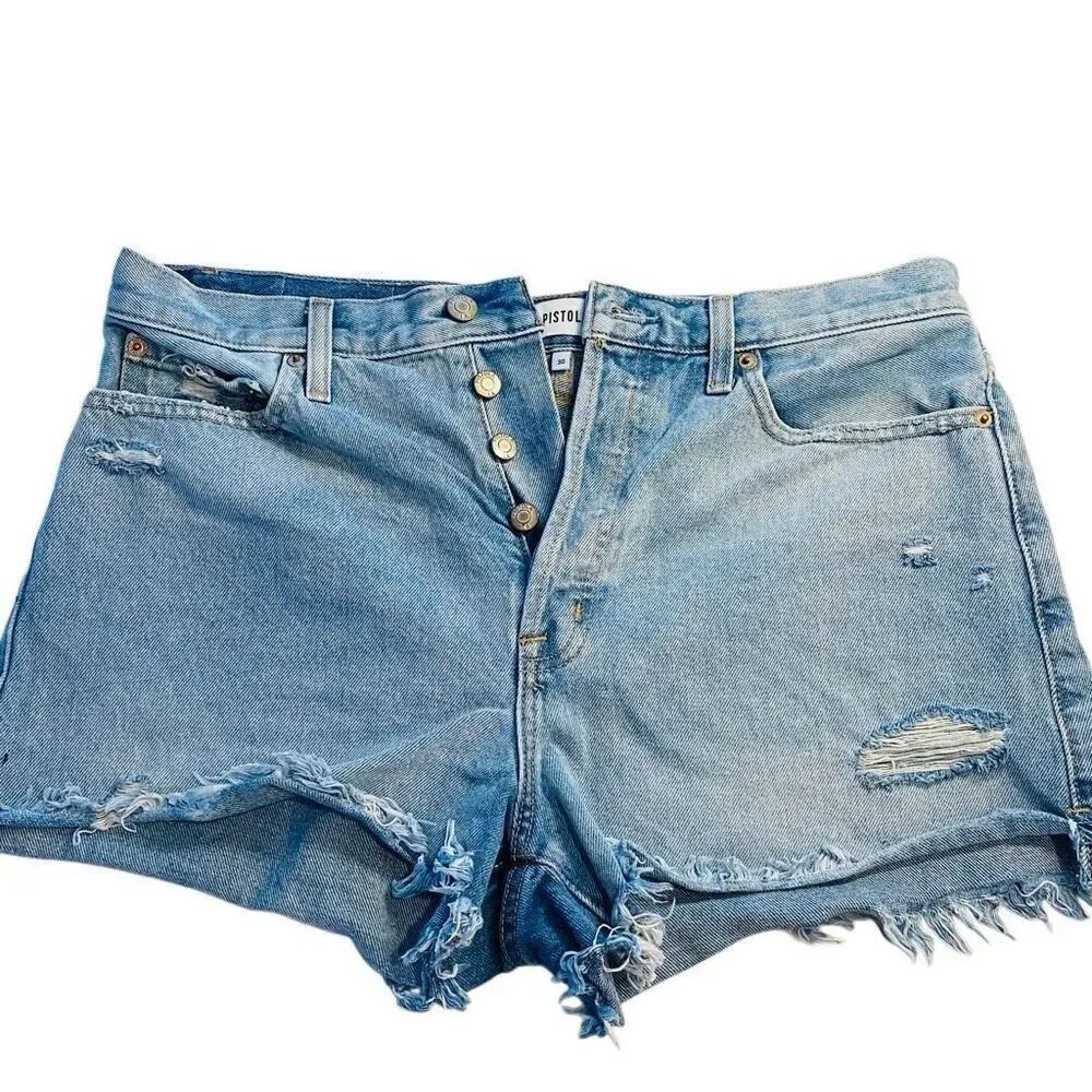 Pistola High Rise Raw Cut Hem Button Fly Distressed Denim Shorts Blue Sz 30